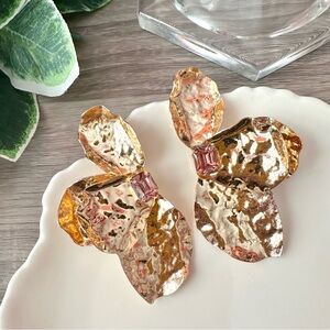 Gold Flower Rhinestone Earrings Zara Statement Jumbo Garden Floral Jewelry NEW